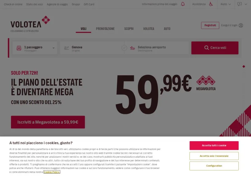 Schermata della pagina offerta di Volotea