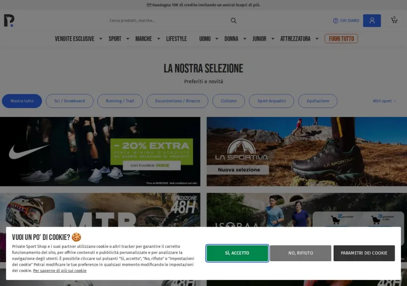 Schermata della pagina offerta di Private Sport Shop