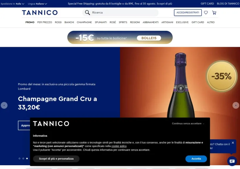 Schermata della pagina offerta di Tannico