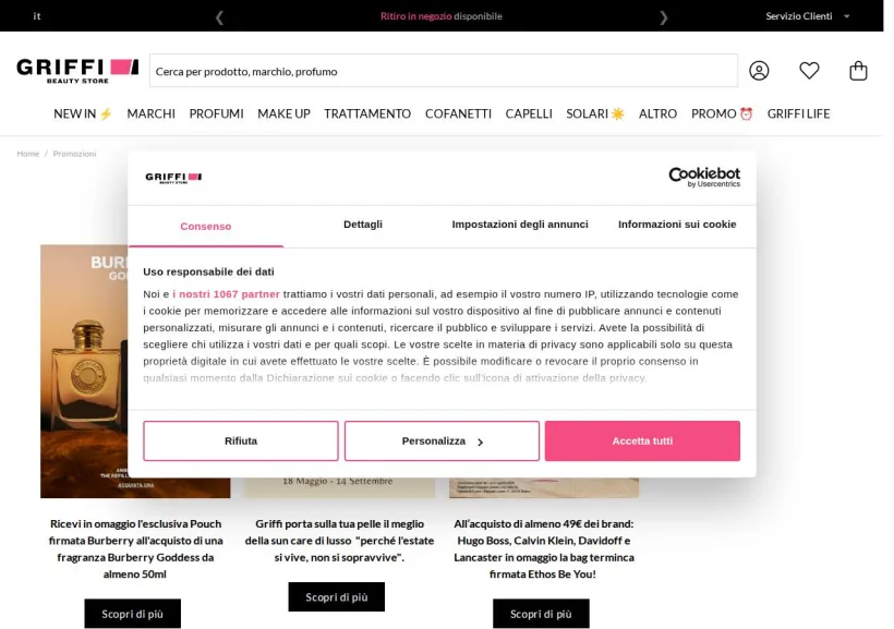 Schermata della pagina offerta di Griffi