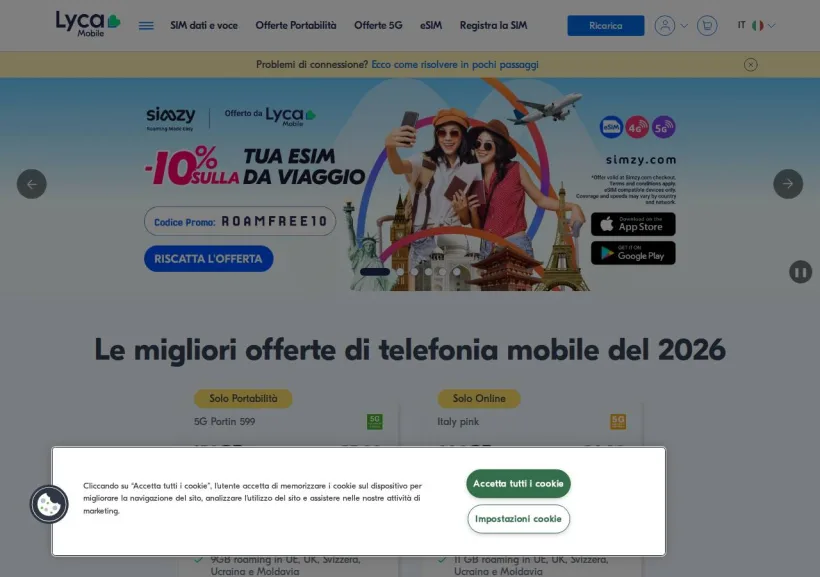 Schermata della pagina offerta di Lycamobile
