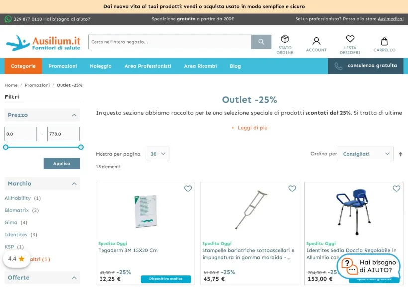 Schermata della pagina offerta di Ausilium.it