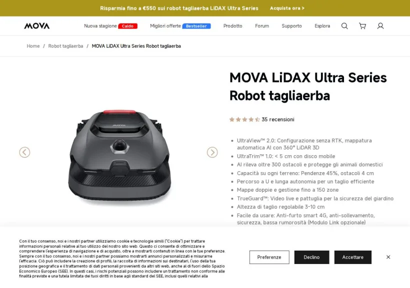 Schermata della pagina offerta di Mova