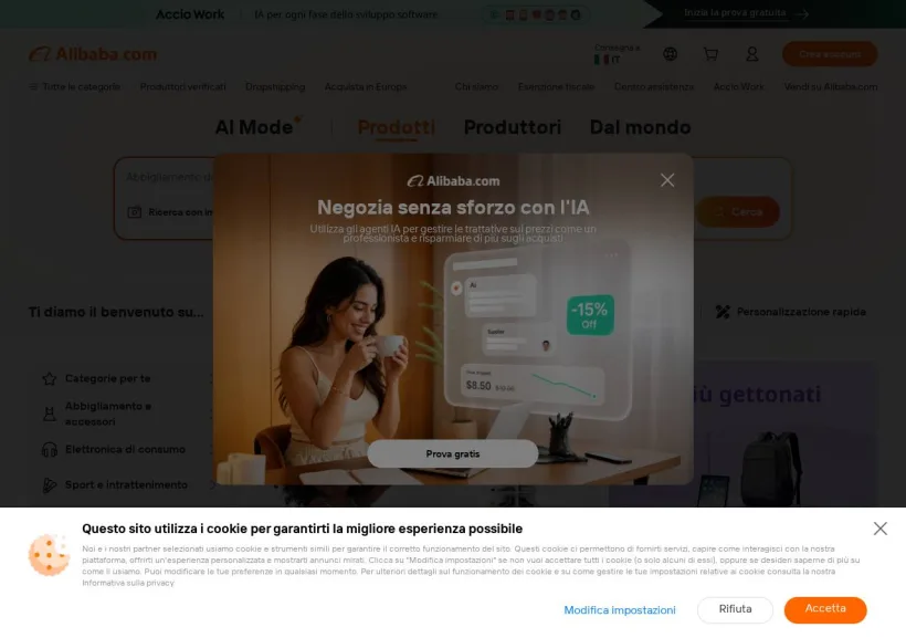 Schermata della pagina offerta di Alibaba