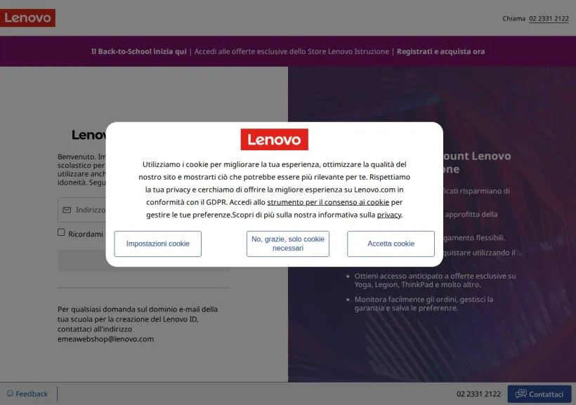 Schermata della pagina offerta di Lenovo