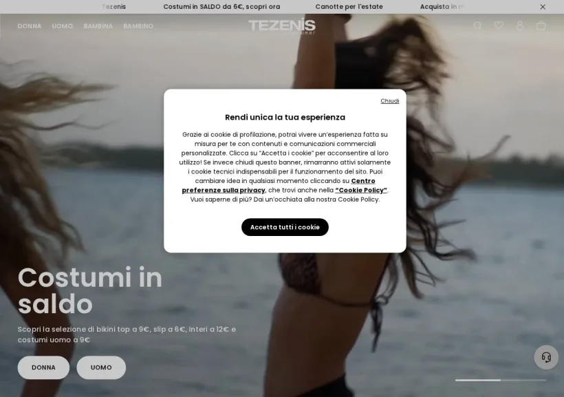 Schermata della pagina offerta di Tezenis