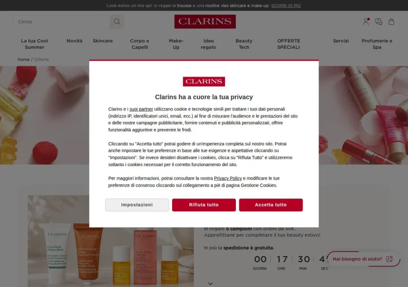 Schermata della pagina offerta di Clarins