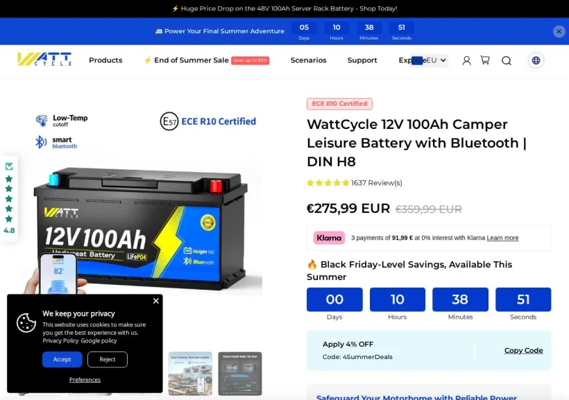 Schermata della pagina offerta di Wattcycle