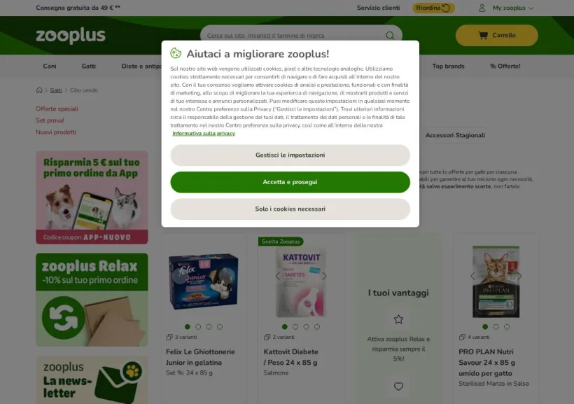 Schermata della pagina offerta di Zooplus