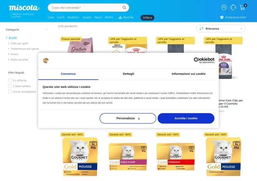 Schermata della pagina offerta di Miscota