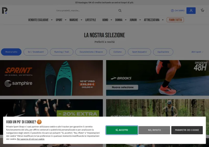 Schermata della pagina offerta di Private Sport Shop