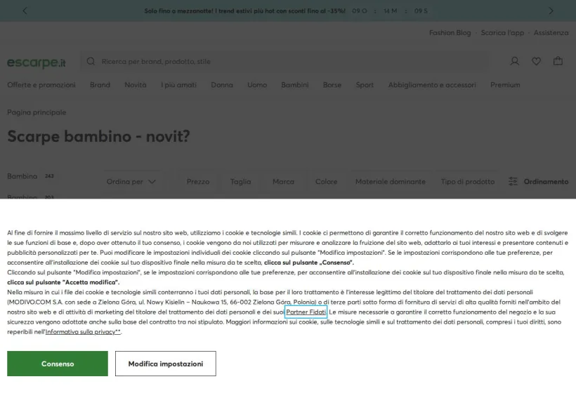 Schermata della pagina offerta di Escarpe.it