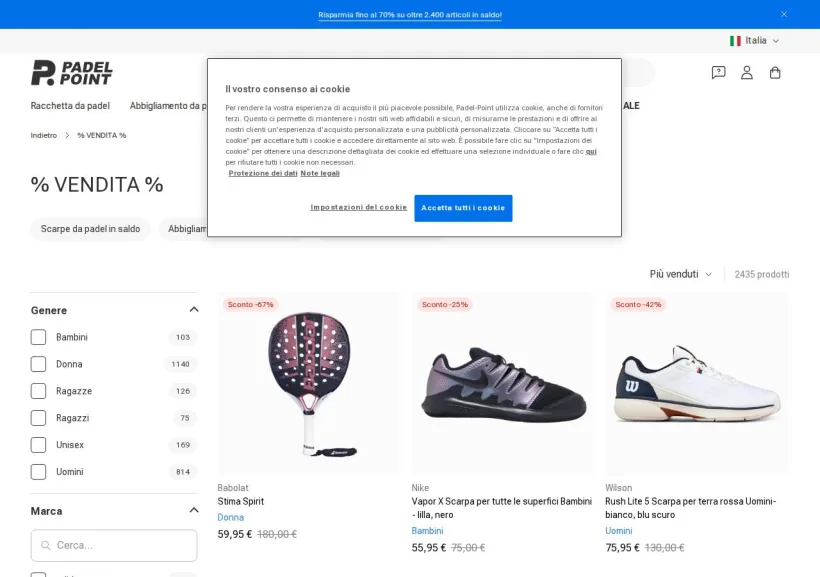 Schermata della pagina offerta di Padel-Point