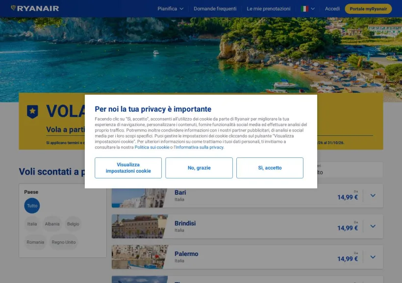 Schermata della pagina offerta di Ryanair
