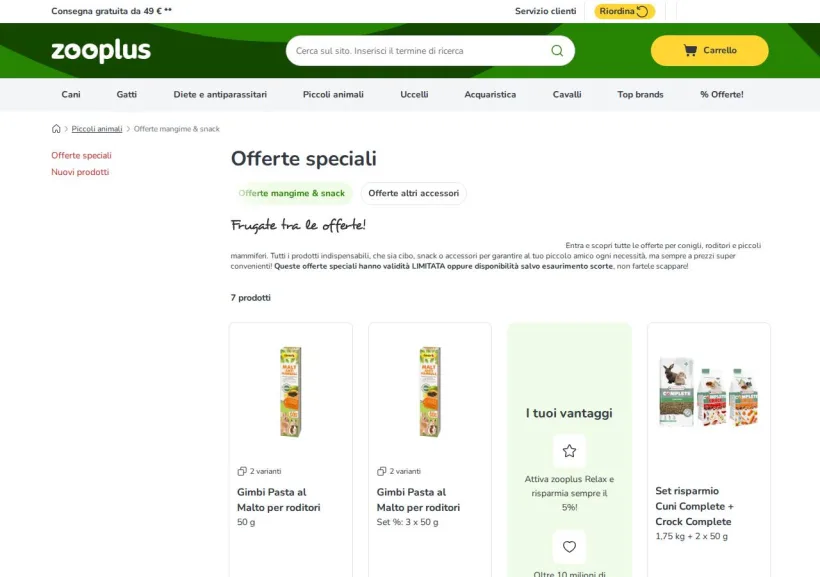 Schermata della pagina offerta di Zooplus