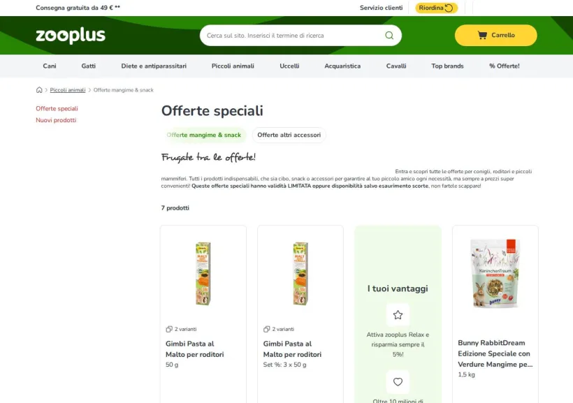 Schermata della pagina offerta di Zooplus
