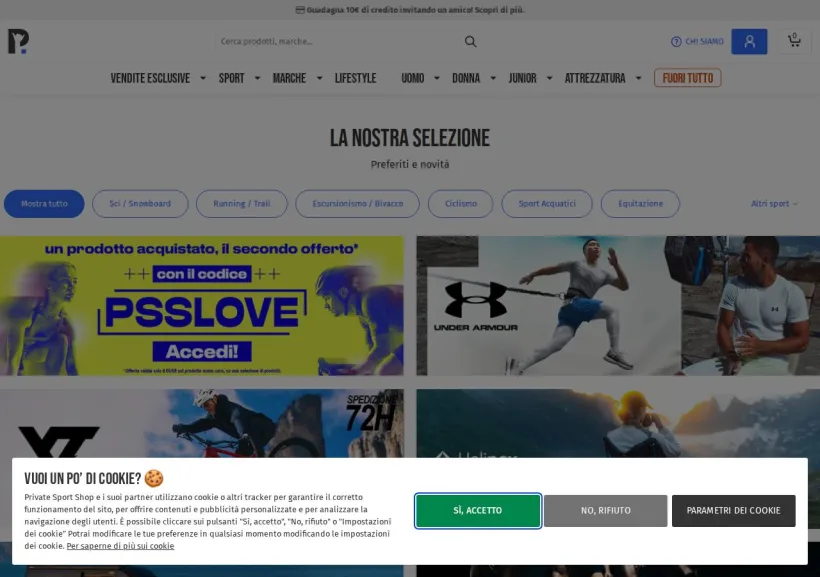 Schermata della pagina offerta di Private Sport Shop