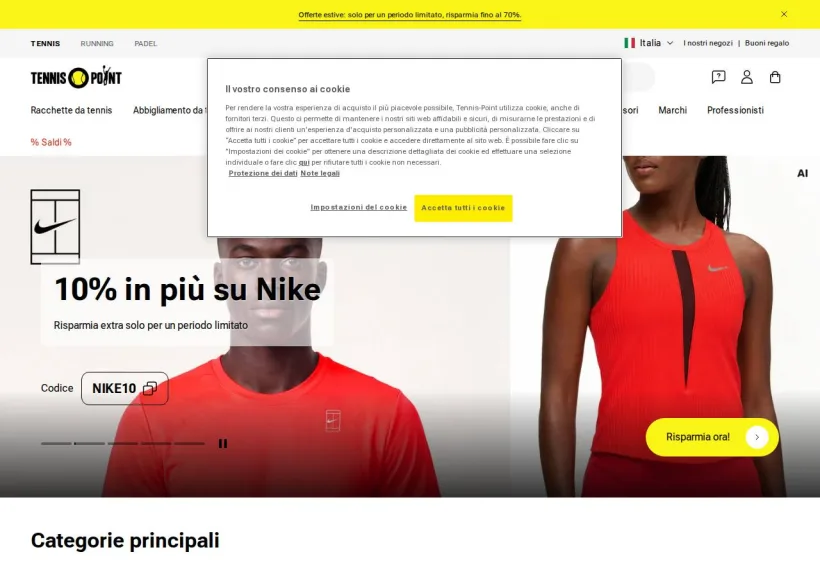 Schermata della pagina offerta di Tennis Point