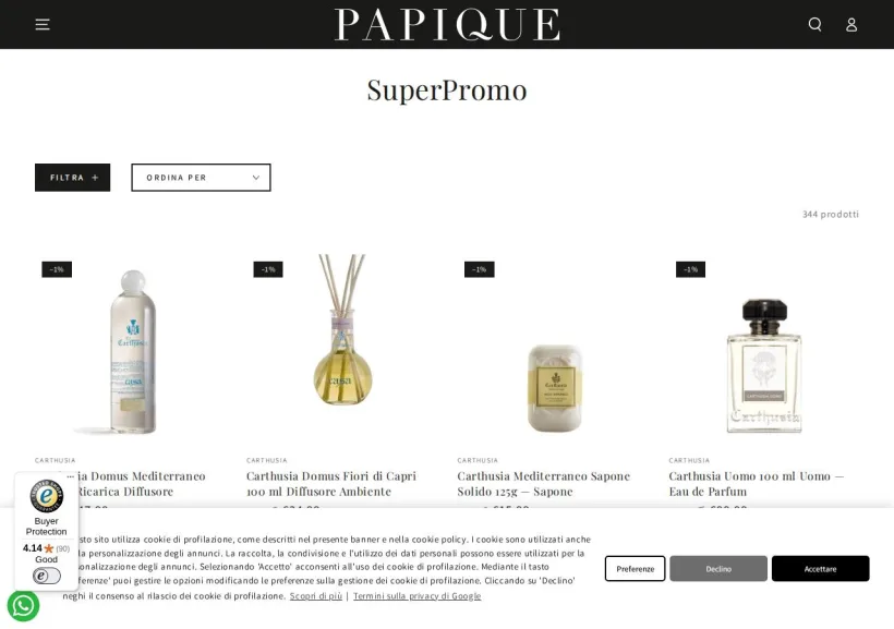 Schermata della pagina offerta di Papique