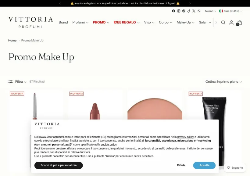 Schermata della pagina offerta di Vittoria Profumi