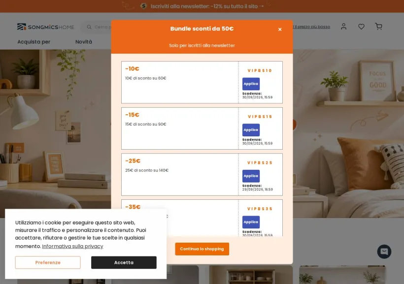 Schermata della pagina offerta di Songmicshome