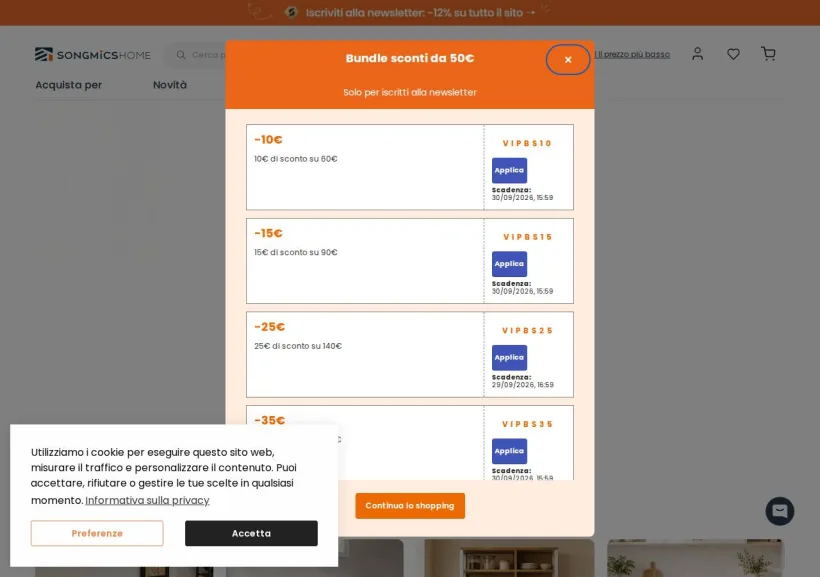 Schermata della pagina offerta di Songmicshome