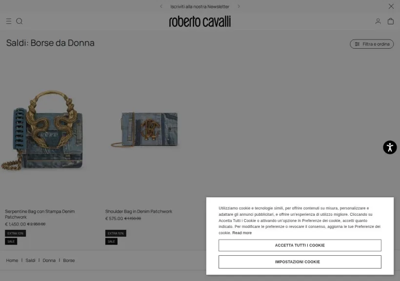 Schermata della pagina offerta di Roberto Cavalli