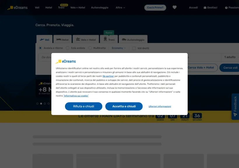 Schermata della pagina offerta di eDreams