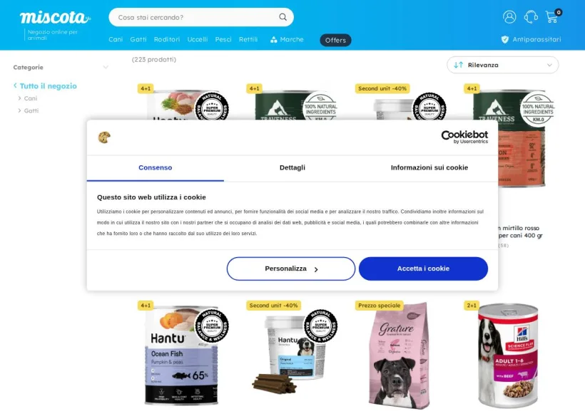 Schermata della pagina offerta di Miscota