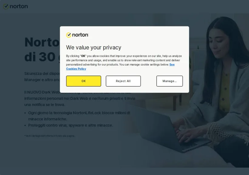 Schermata della pagina offerta di Norton by Symantec