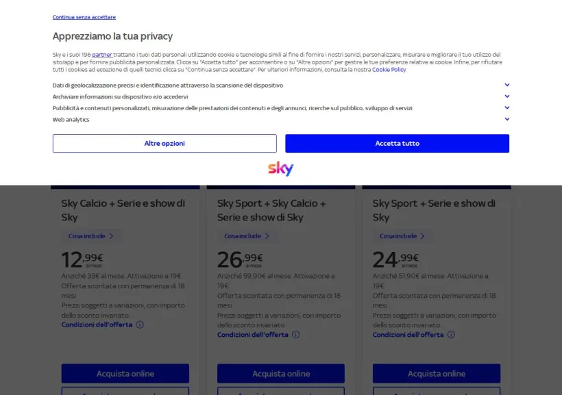 Schermata della pagina offerta di SKY