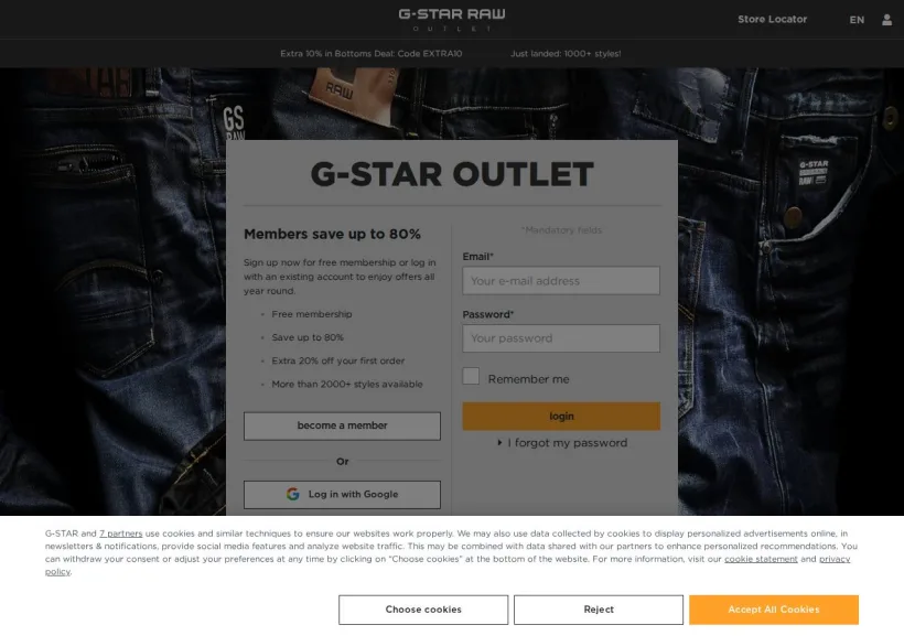 Schermata della pagina offerta di G-Star