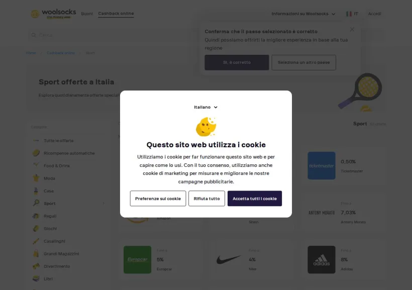 Schermata della pagina offerta di Woolsocks