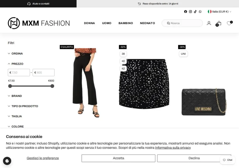Schermata della pagina offerta di MXM Fashion