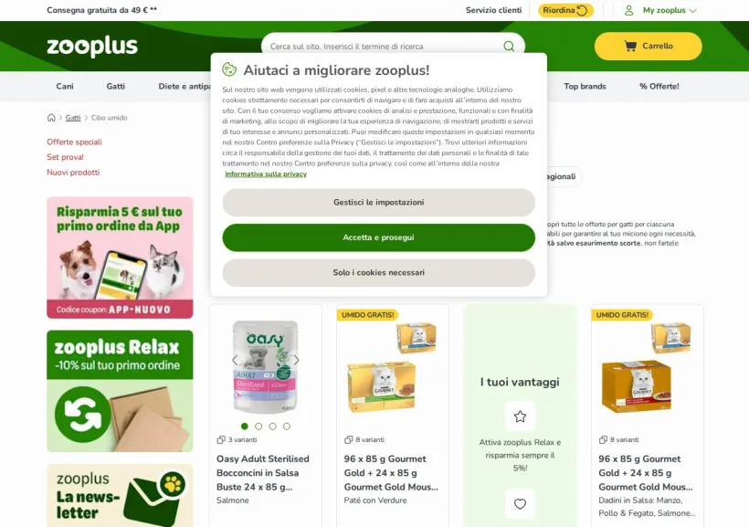 Schermata della pagina offerta di Zooplus