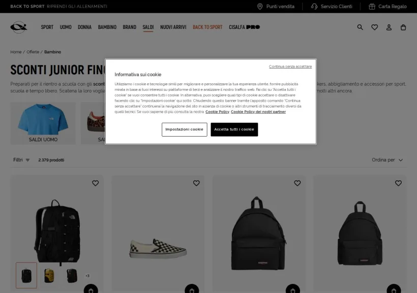 Schermata della pagina offerta di Cisalfa