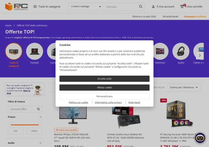 Schermata della pagina offerta di Pc Componentes