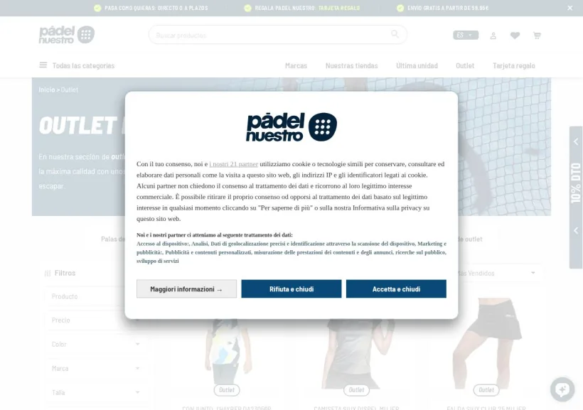 Schermata della pagina offerta di PadelNuestro