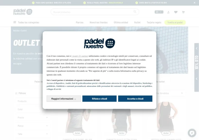Schermata della pagina offerta di PadelNuestro
