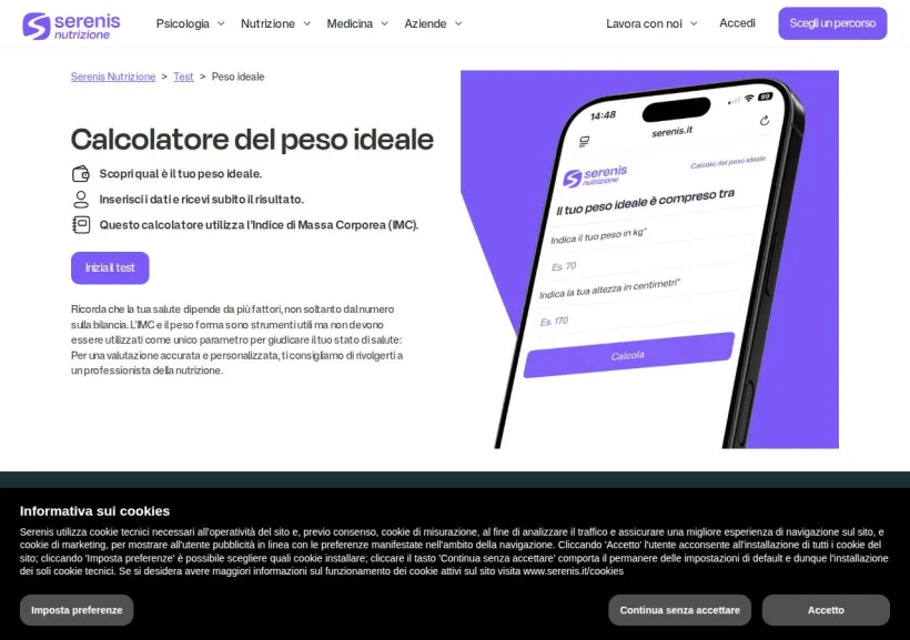 Schermata della pagina offerta di Serenis