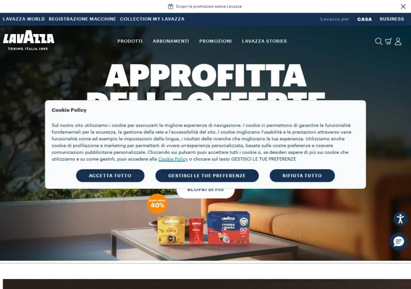 Schermata della pagina offerta di Lavazza