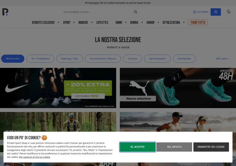 Schermata della pagina offerta di Private Sport Shop
