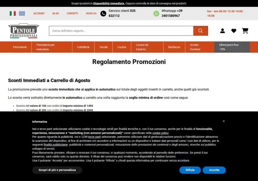 Schermata della pagina offerta di Pentole Professionali