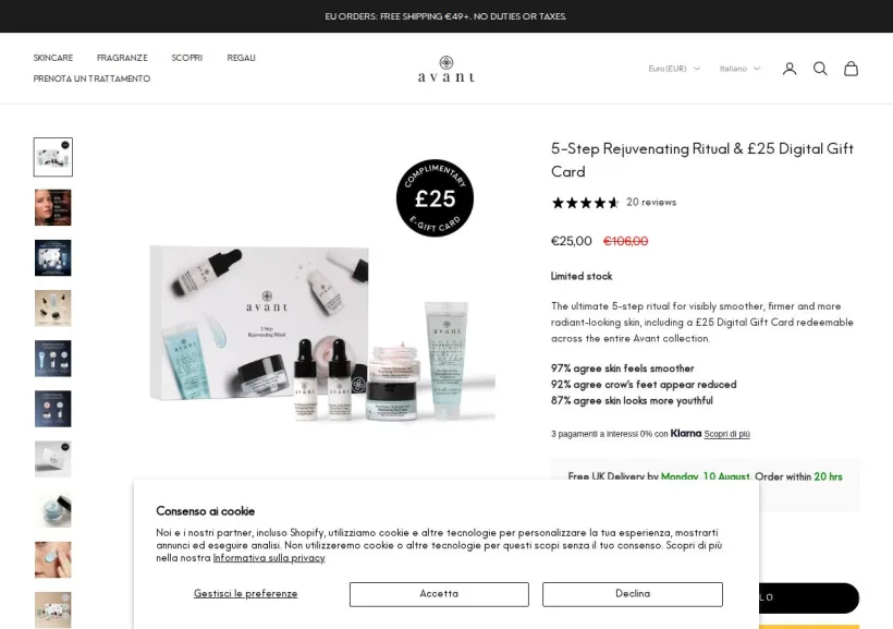 Schermata della pagina offerta di Avant Skincare