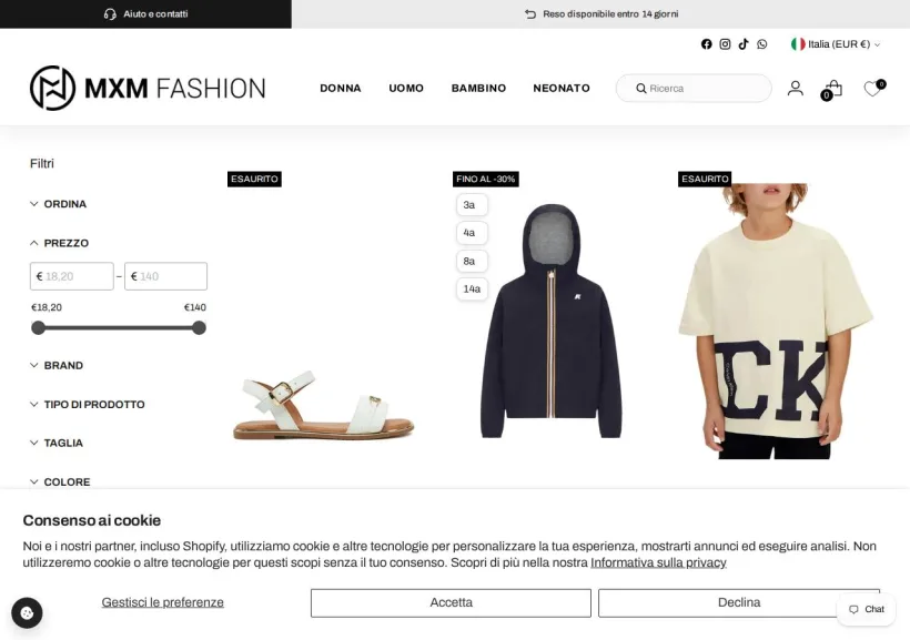 Schermata della pagina offerta di MXM Fashion
