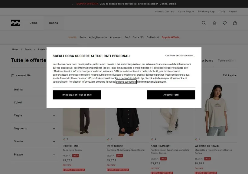 Schermata della pagina offerta di Billabong