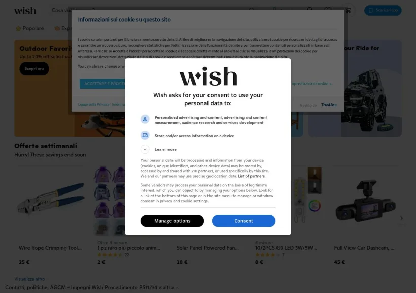 Schermata della pagina offerta di Wish