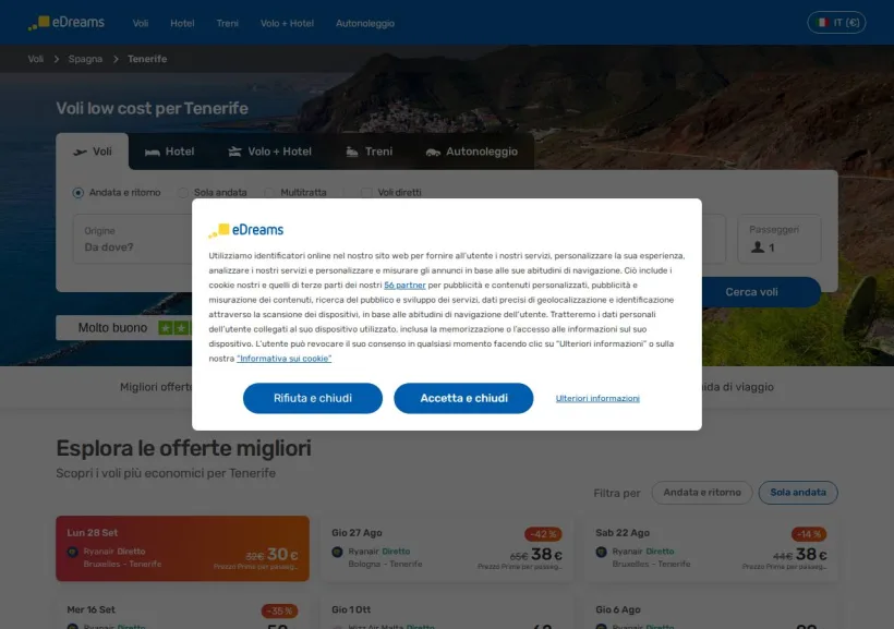Schermata della pagina offerta di eDreams