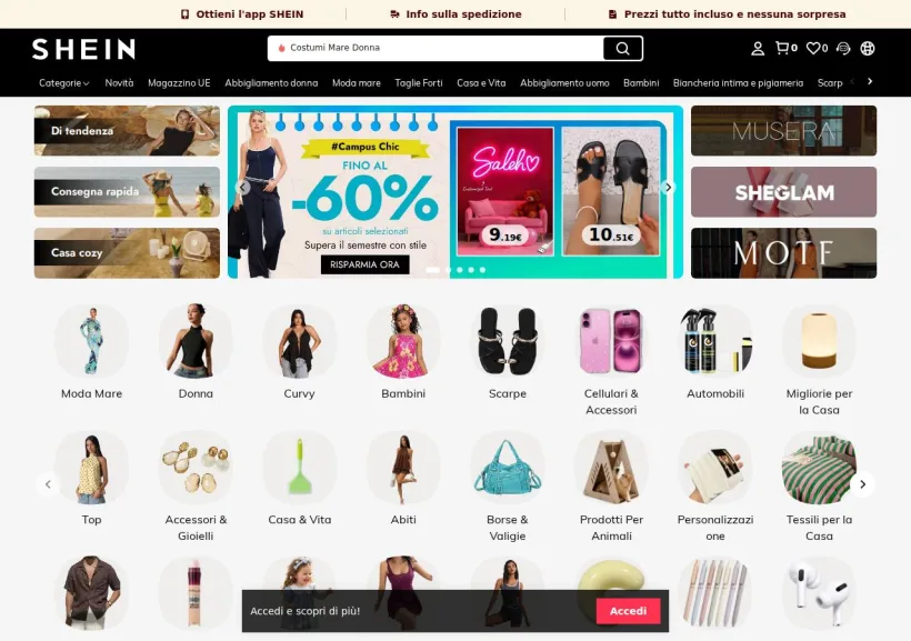 Schermata della pagina offerta di Shein