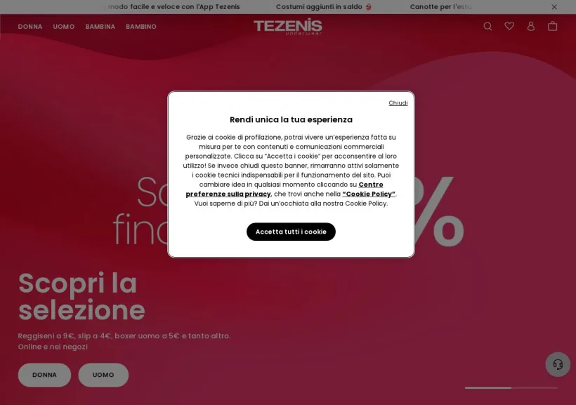 Schermata della pagina offerta di Tezenis